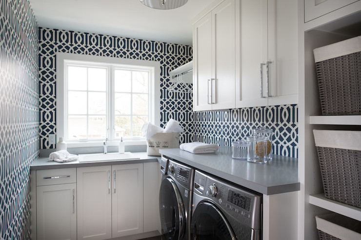 Laundry Room White And Navy Blue Wallpaper