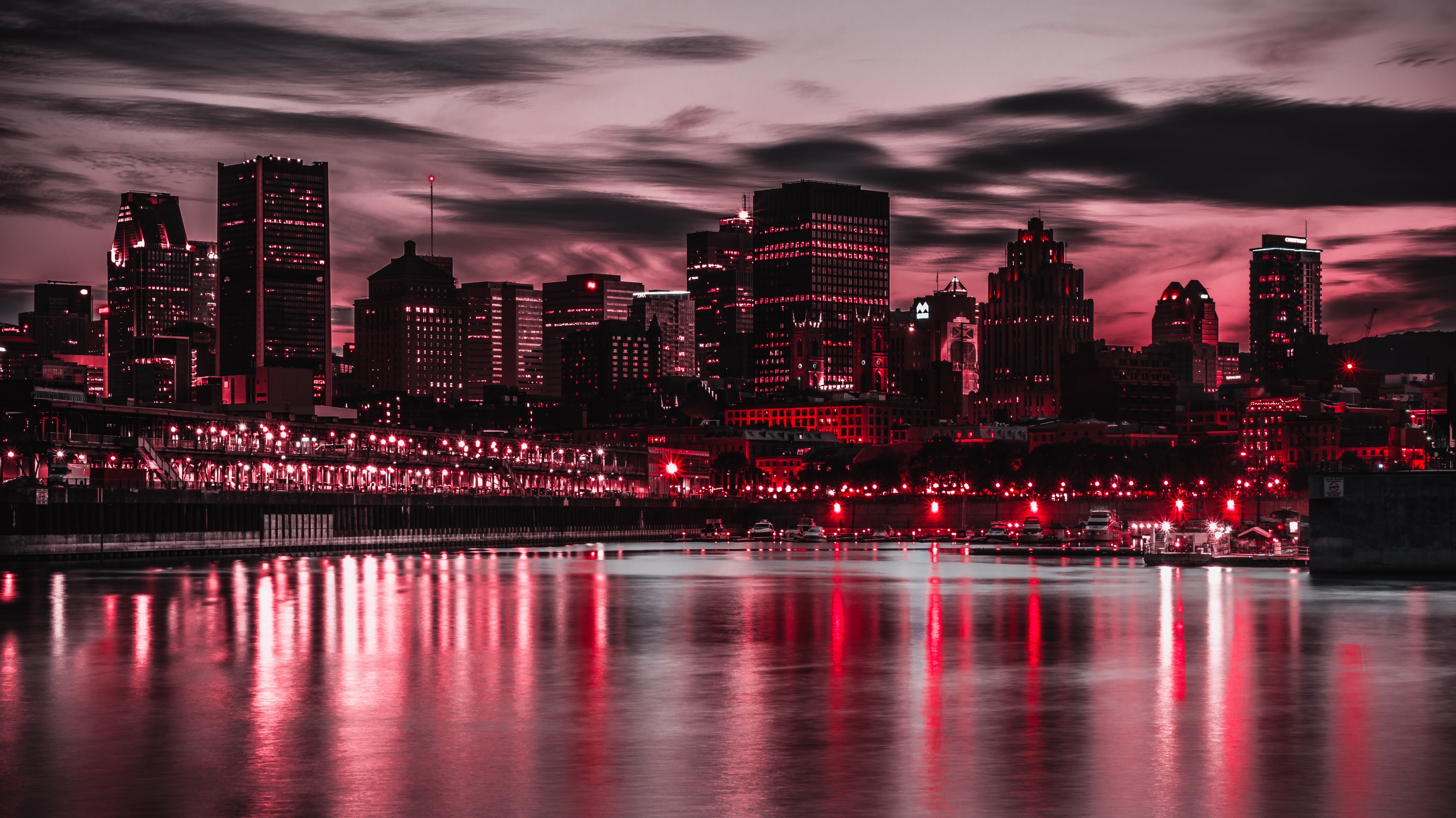 Night City Lights Buildings Shore 4k Wallpaper