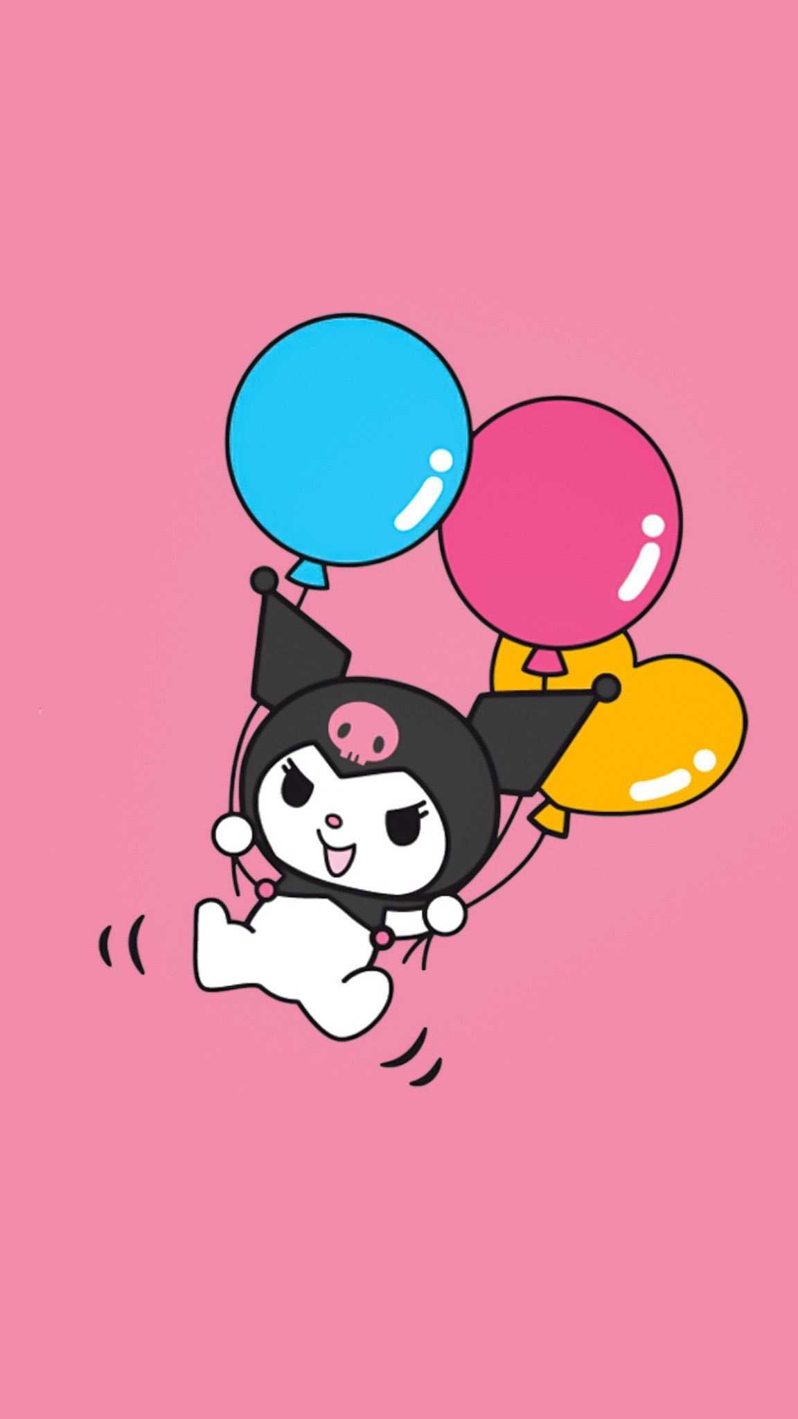 Kuromi floating with balloons against a pink background