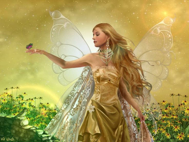 Golden Fairy angel beautiful bird butterfly daisy fairy fantasy 736x552