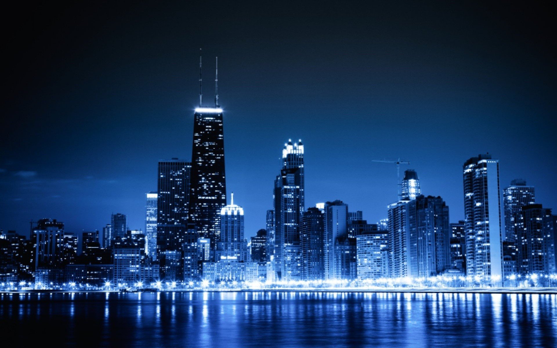 Blue Cityscapes Chicago Night Lights Urban Skyscrapers