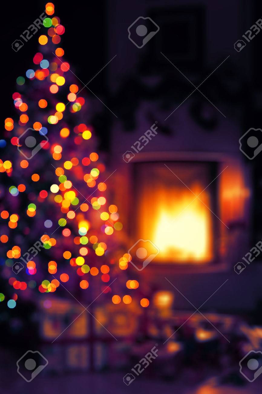 Art Christmas Scene With Tree Gifts And Fire In Background Stock