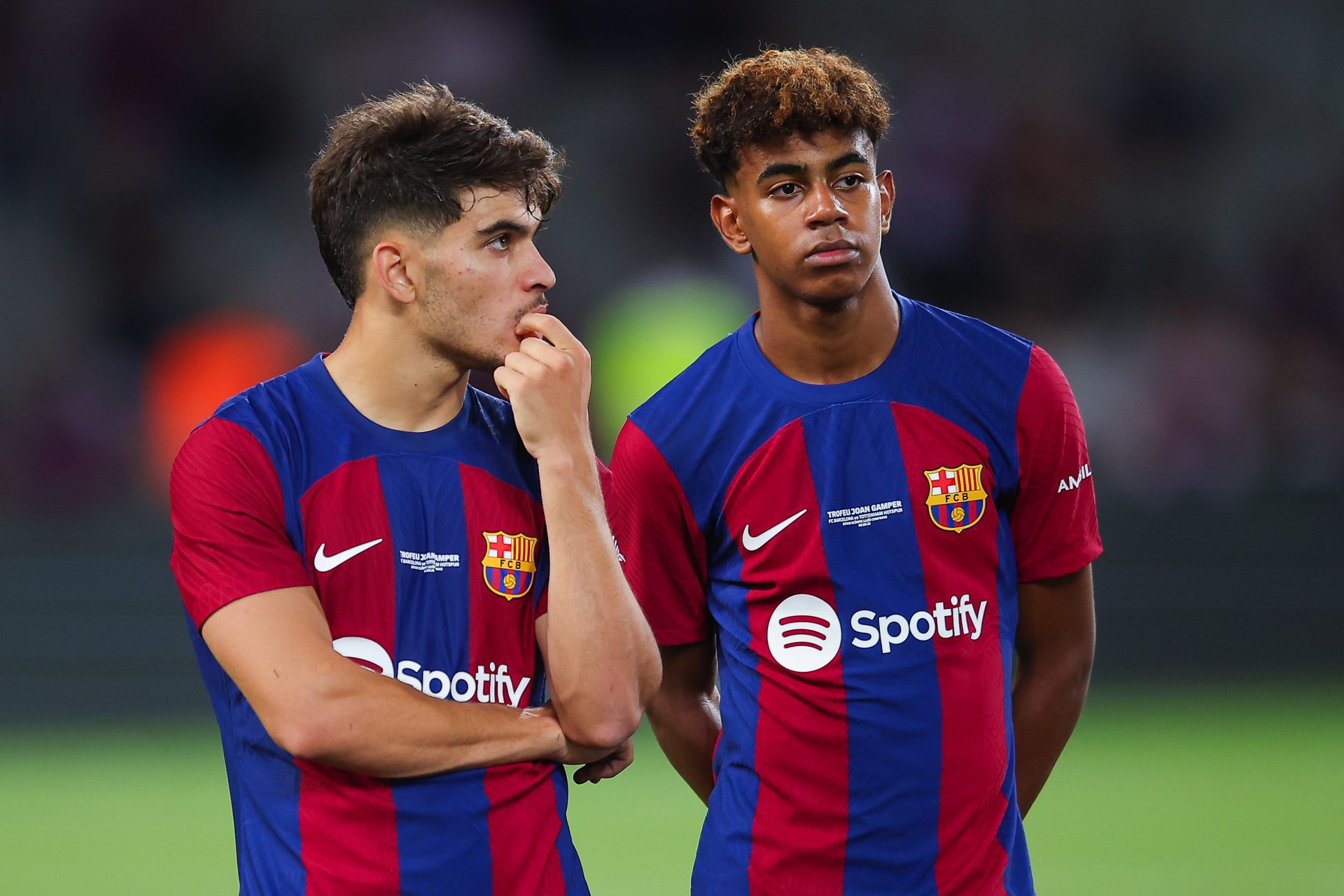 Lamine Yamal of FC Barcelona in a thoughtful pose during a match