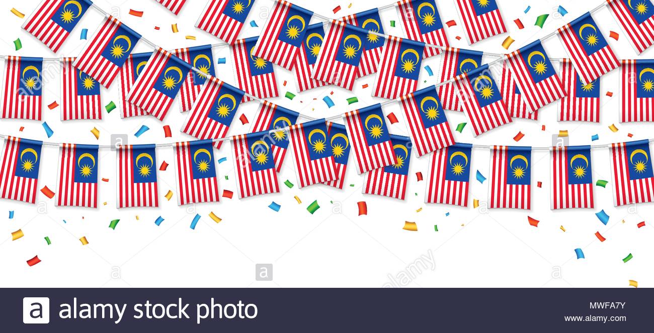 Malaysian Flags Garland White Background With Confetti Hanging