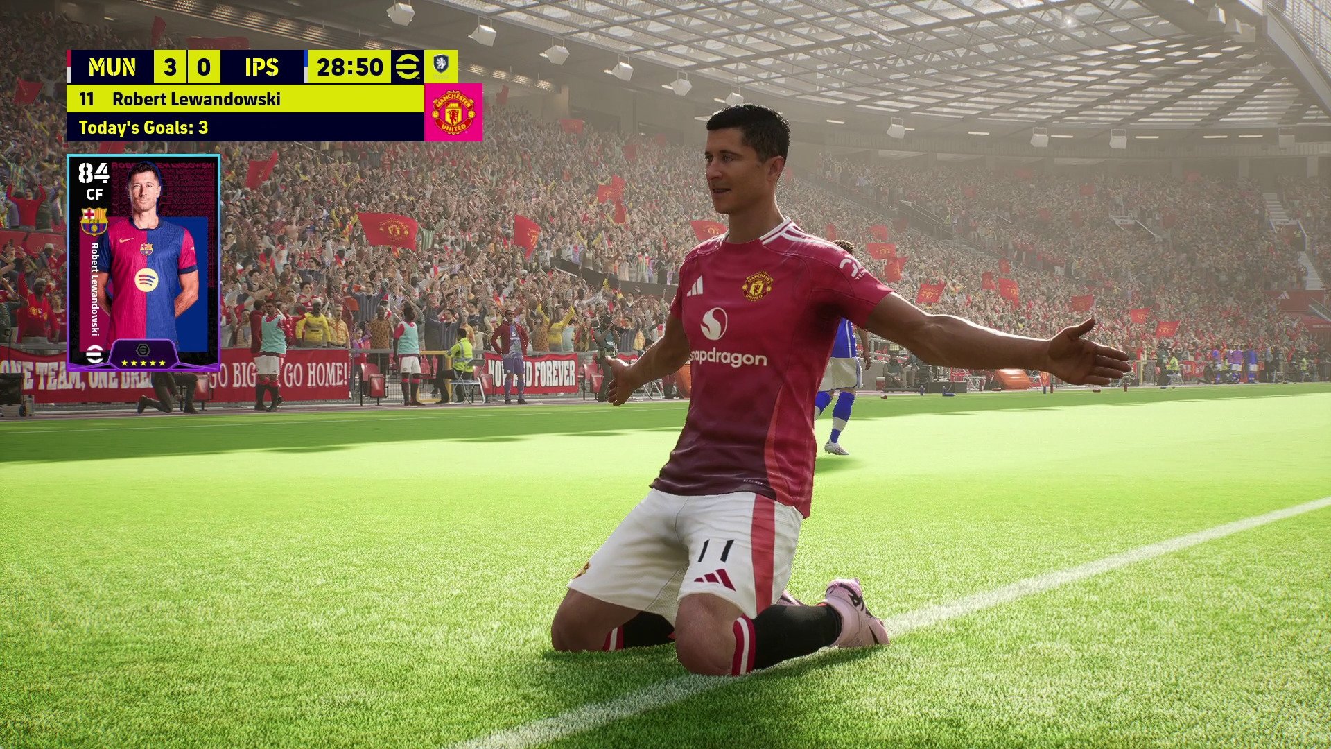 Robert Lewandowski celebrates scoring a goal for Manchester United in PES 2024