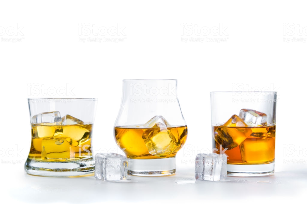 Strong Alcohol Drinks Whiskey Bourbon Scotch On White Background