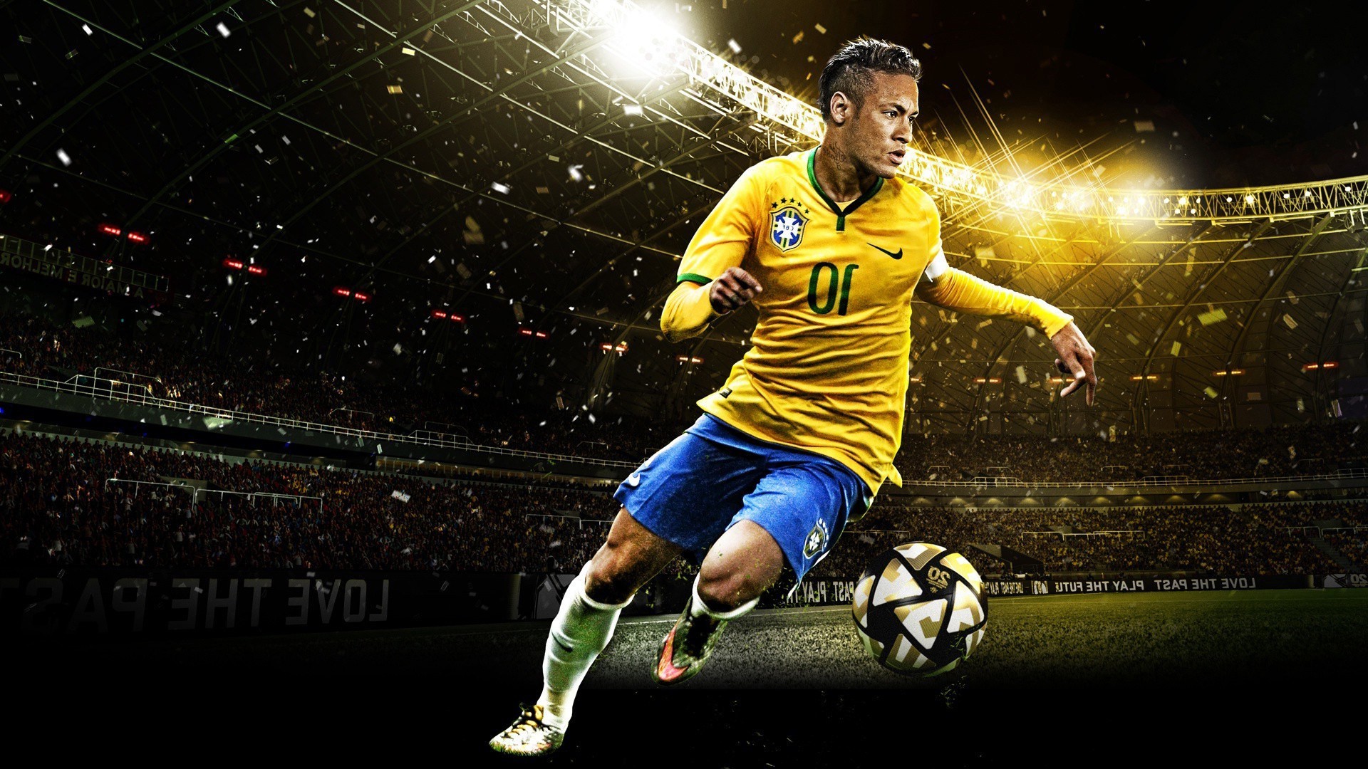 Neymar Jr. dribbling a soccer ball in a packed stadium, wearing the Brazilian national team jersey