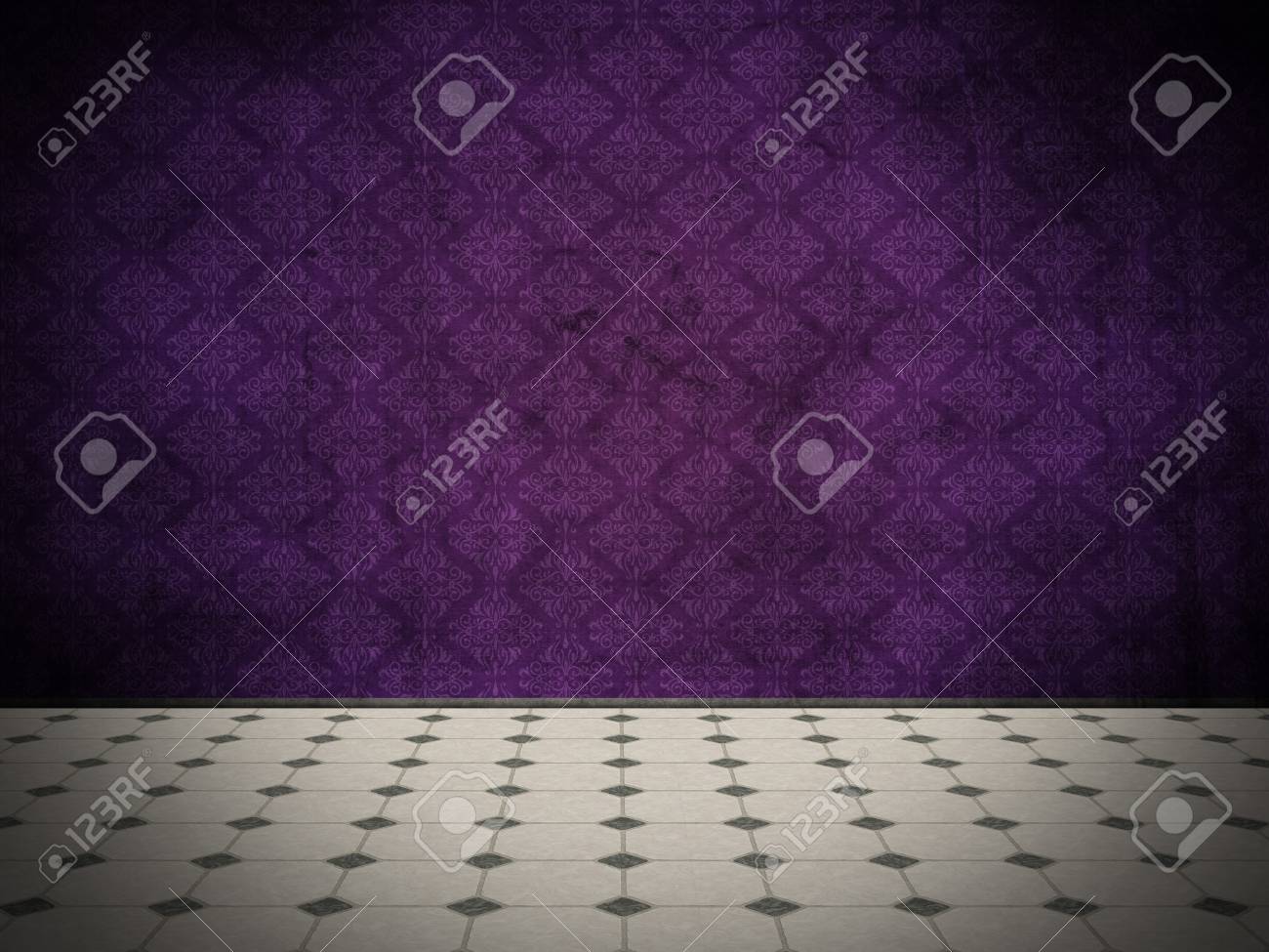3d Render Of A Grunge Style Interior With Purple Damask Wallpaper