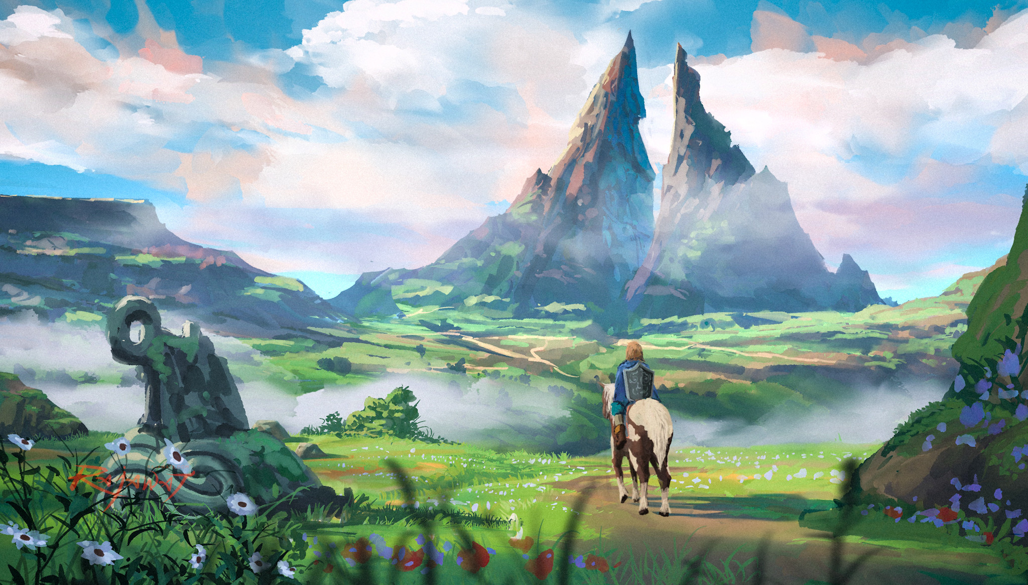 A stunning landscape painting of the Legend of Zelda, featuring Link on horseback riding towards majestic twin peaks, with a mysterious ancient ruin in the foreground