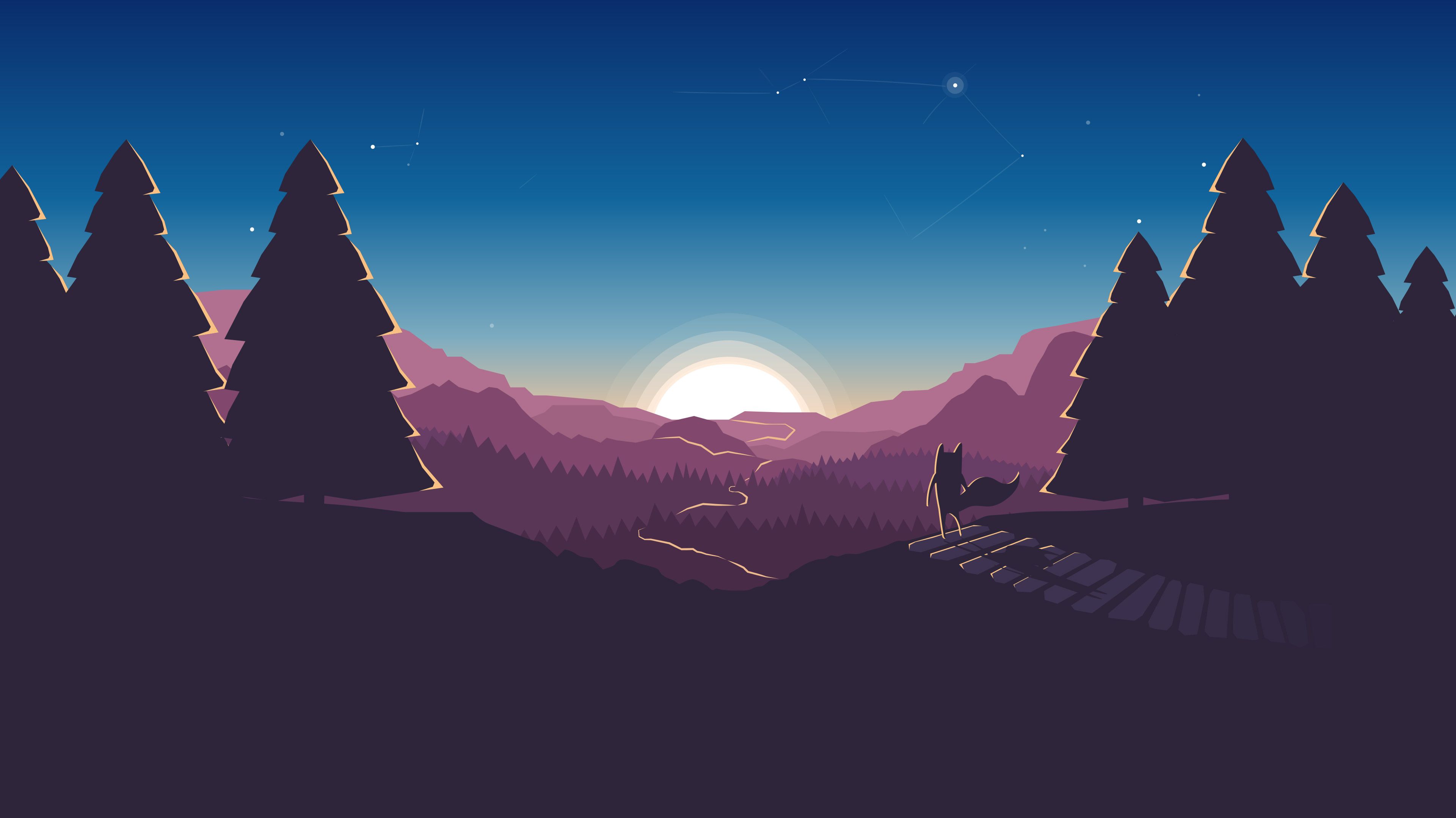 A minimalist 4k wallpaper featuring a fox silhouetted against a sunrise over a valley, with stylized trees and a starry sky