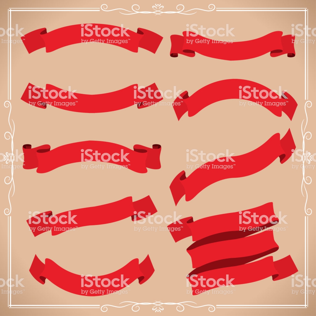 Red Ribbon Scrolls Flat Matted Banner Collection On Beige