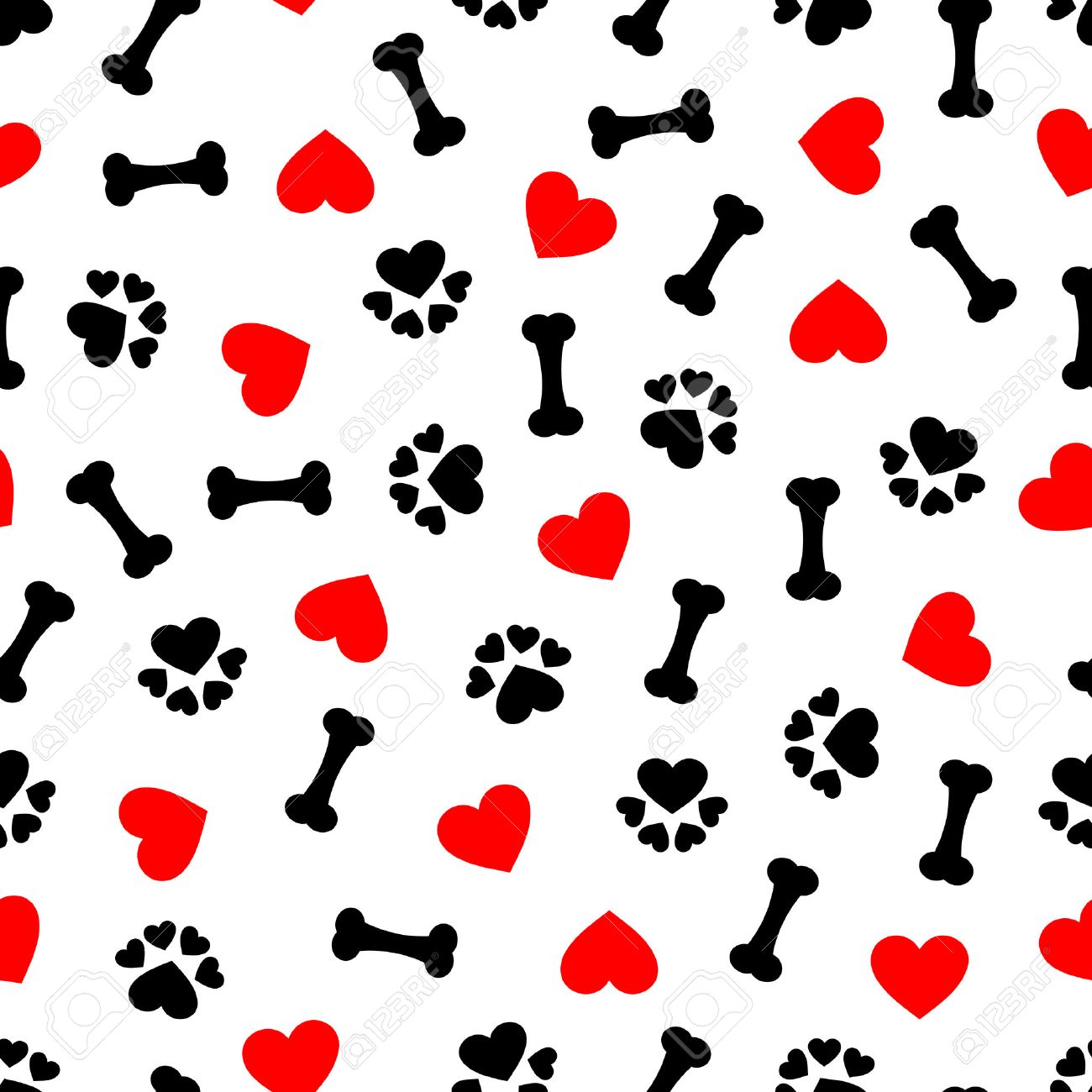 Cute Seamless Pattern With Dog Bone Paw Print And Red Heart