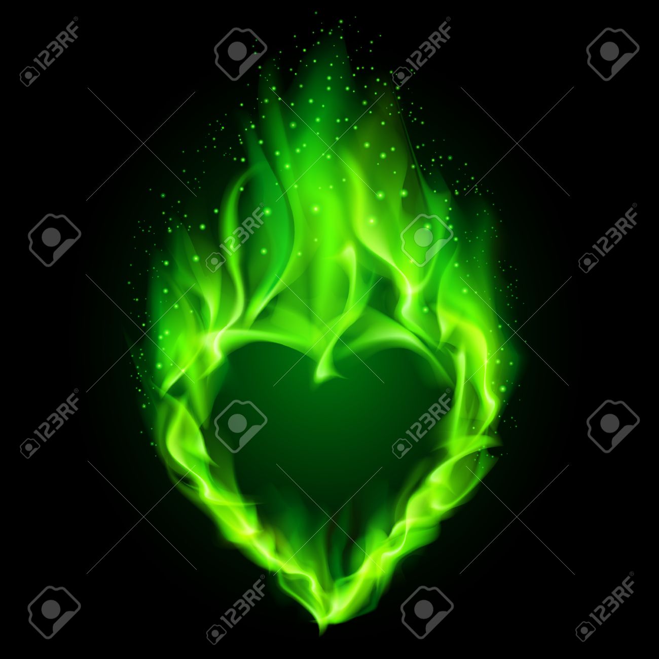 Blazing Green Heart Illustration On Black Background Royalty