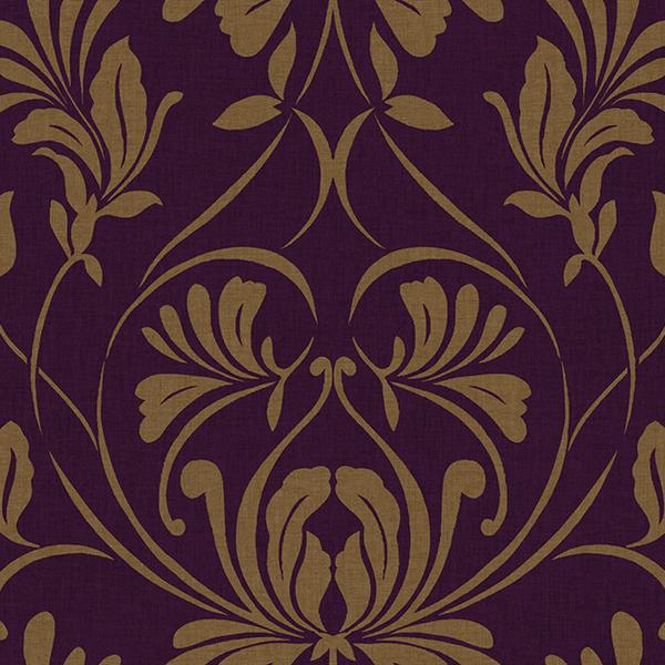 Sample Casablanca Damask Wallpaper in Purple and Gold by