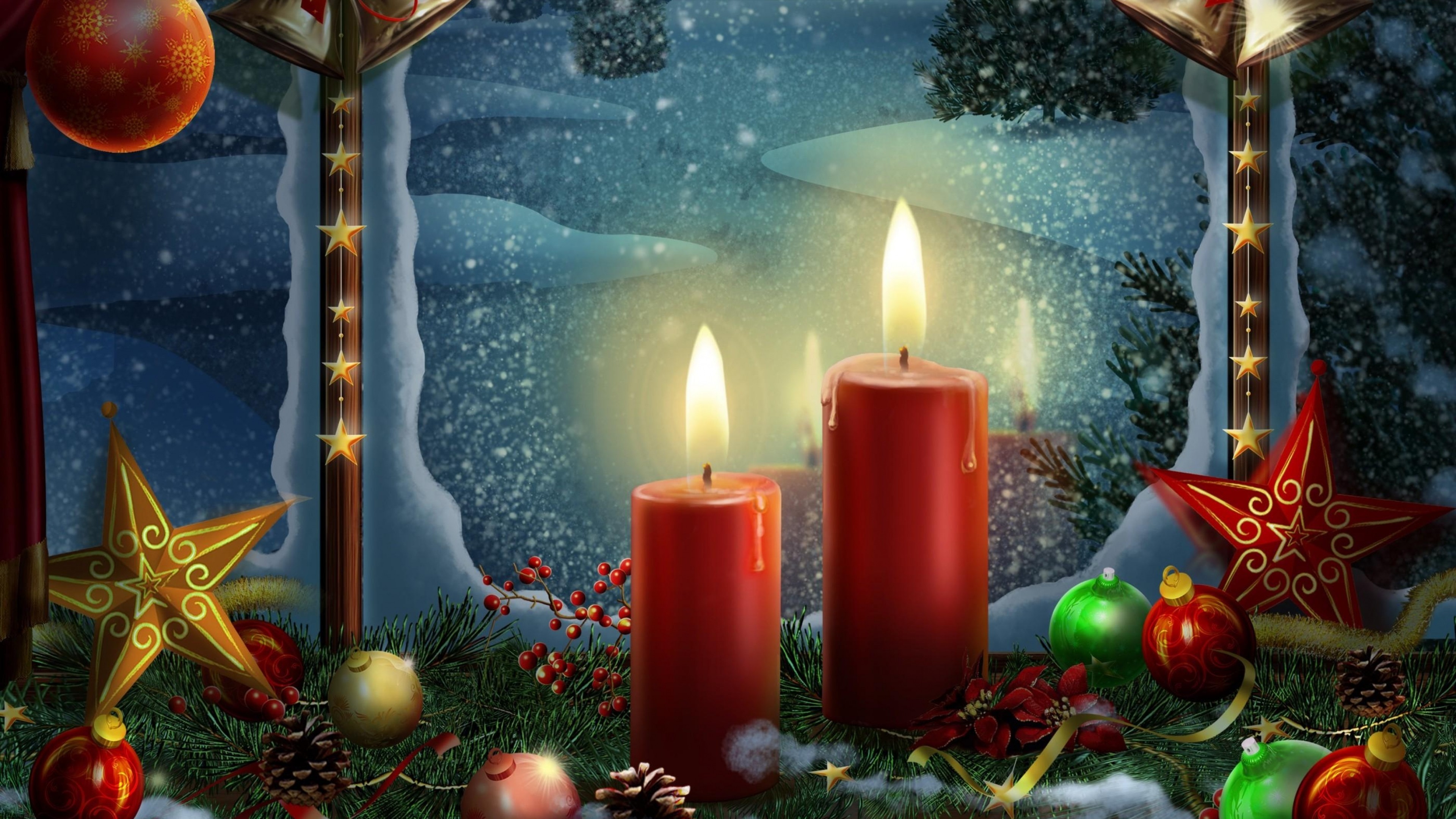 A cozy Christmas scene with lit candles, ornaments, and festive decorations on a windowsill