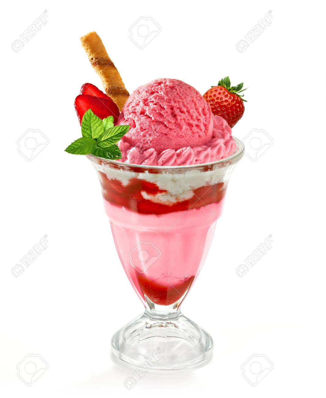 Strawberry Sundae Ice Cream On A White Background Stock