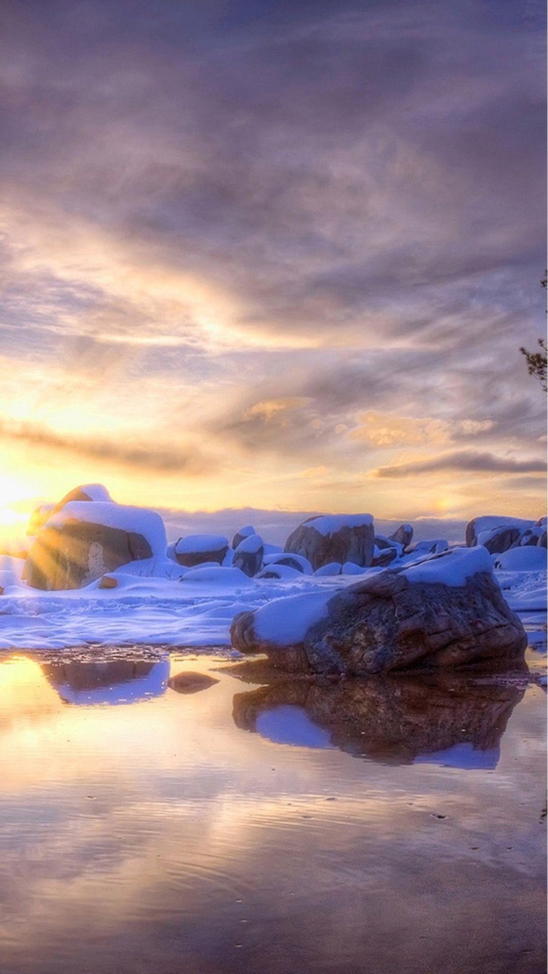 Nature Icy Stone Rock Beach Sky iPhone Wallpaper
