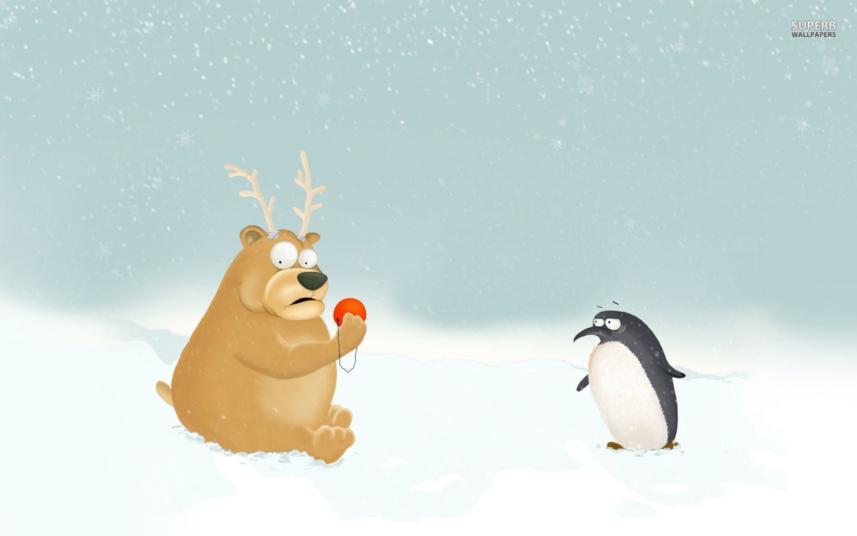 Penguin And Bear Dressed As Rudolph Wallpaper Funny
