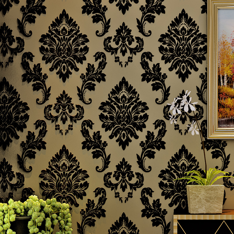 Black Damask Wall Paper Flocking Velvet Wallpaper Europe Luxury 3d