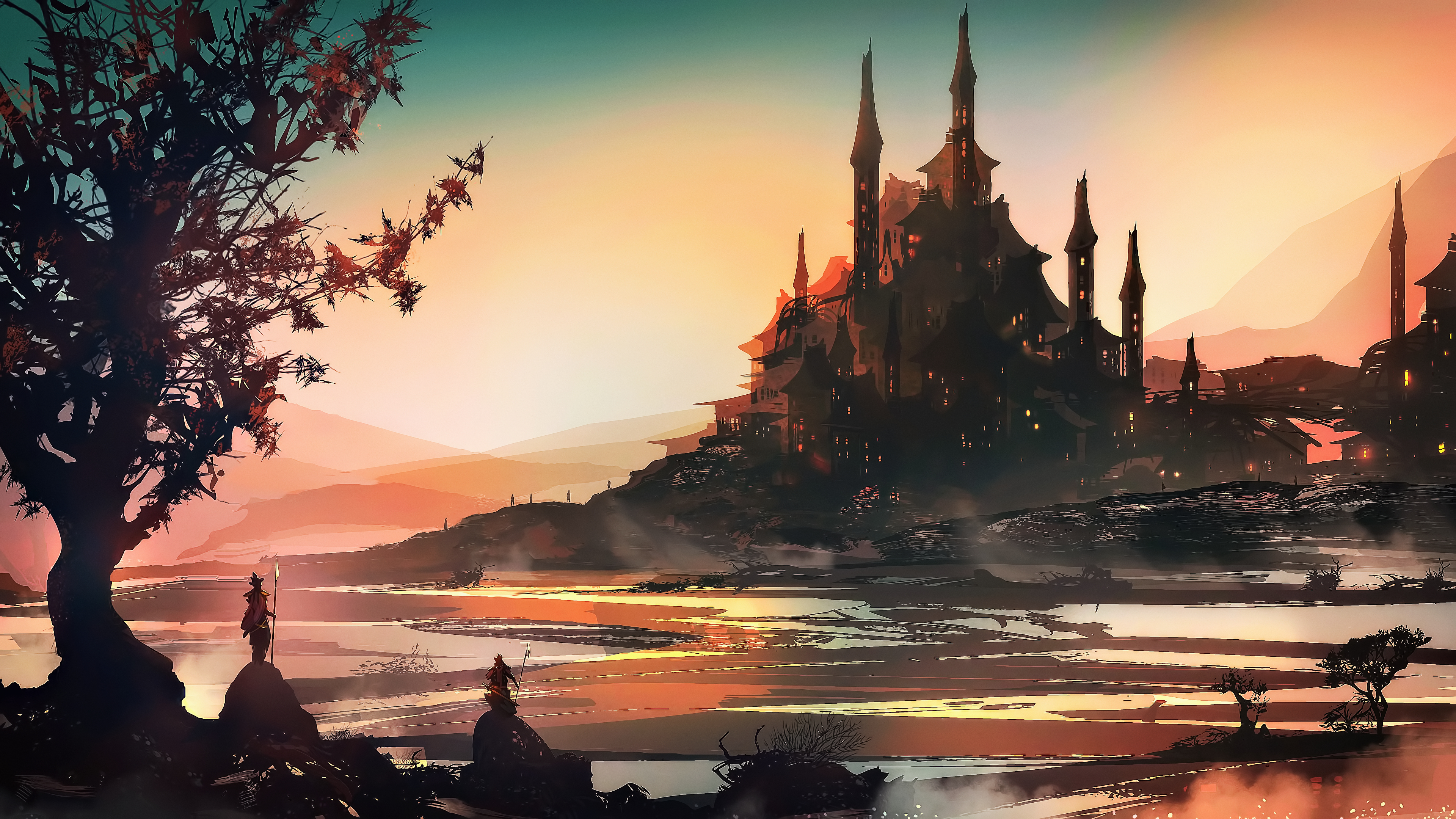 A stunning 4k fantasy landscape featuring a majestic castle silhouetted against a vibrant sunset, with two figures observing from the foreground