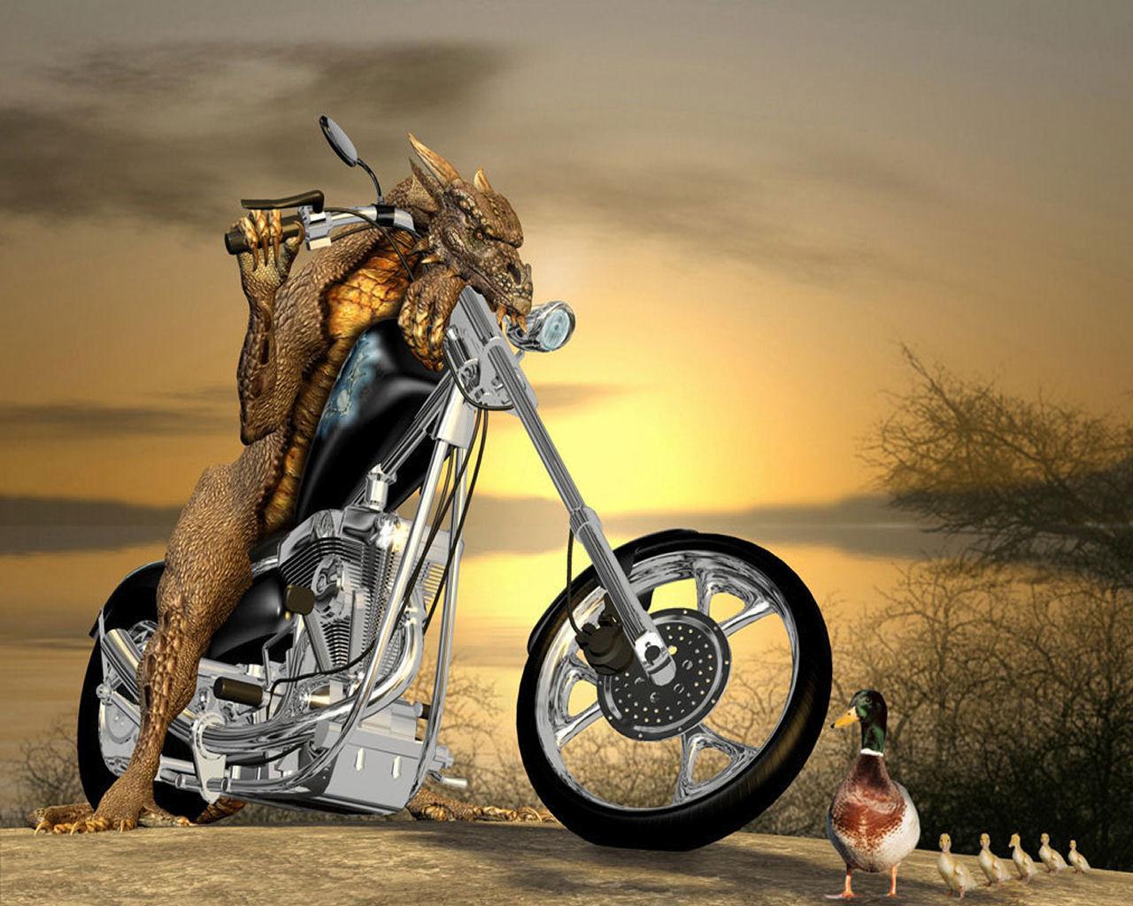A humorous image of a dragon riding a chopper motorcycle at sunset, watched by a curious duck and ducklings