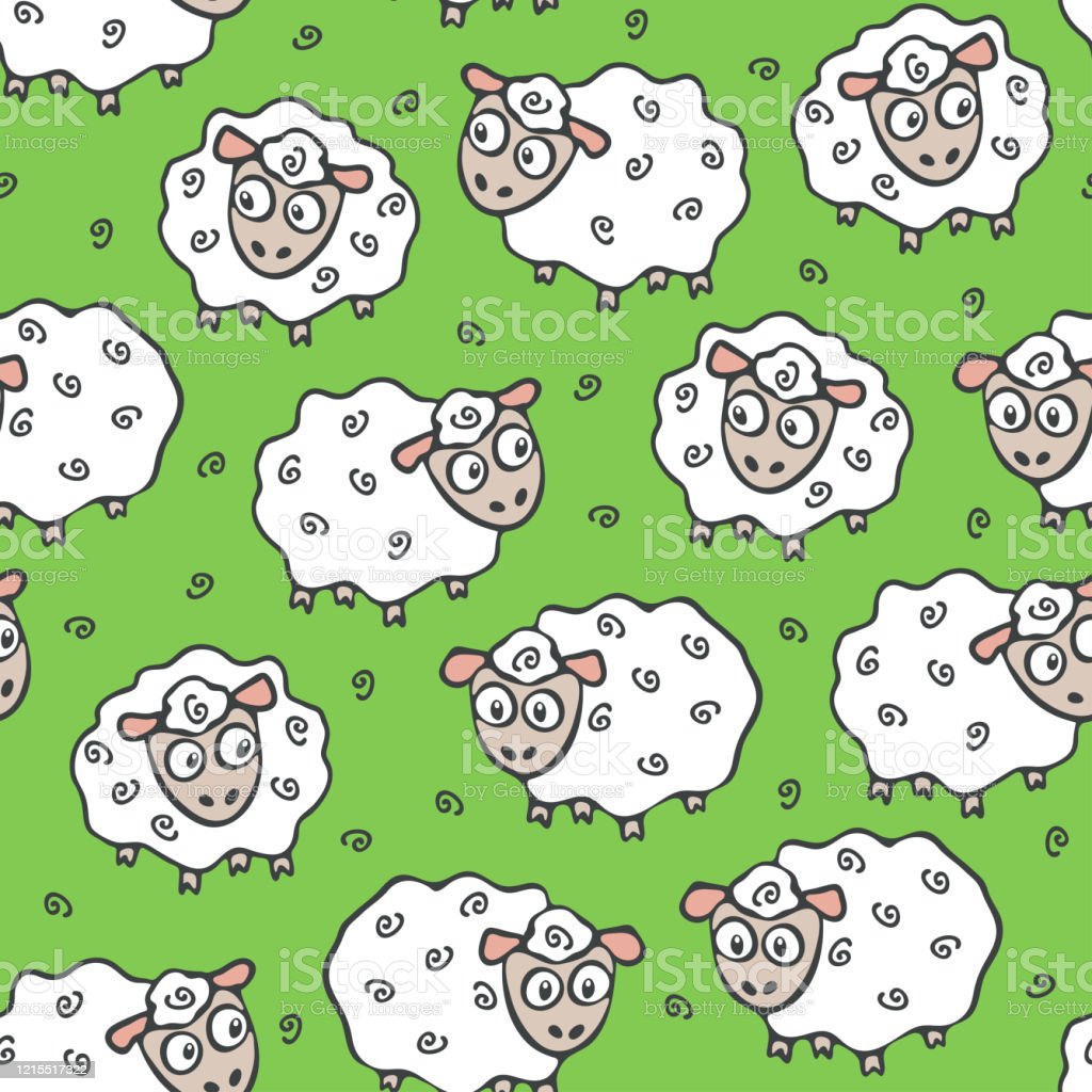 Seamless Vector Pattern With Sheep On Green Background Cartoon