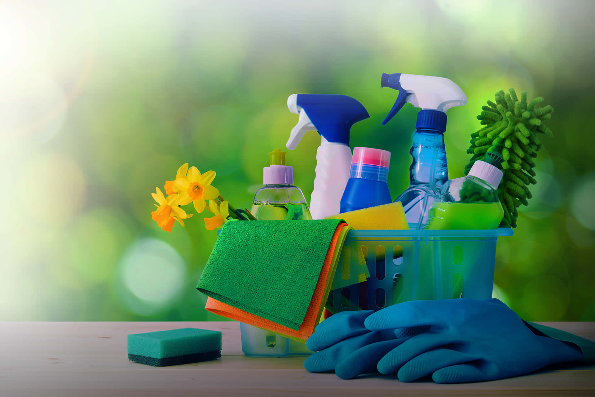 Spring cleaning supplies and tools on a wooden table against a blurred green background