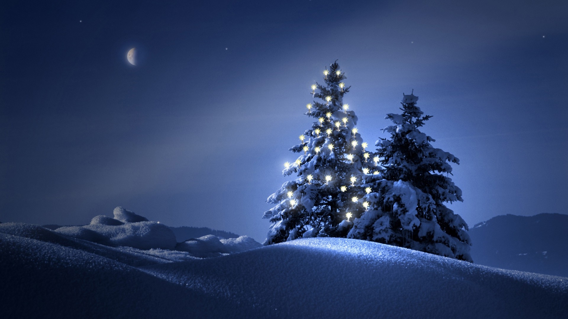 Two snow-covered Christmas trees adorned with twinkling lights stand on a snowy hill beneath a starry night sky with a crescent moon, creating a magical Christmas scene
