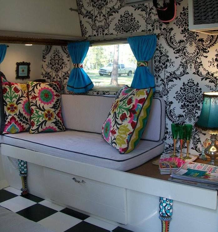 Vintage Trailers Damask Wallpaper Benches Legs Campers