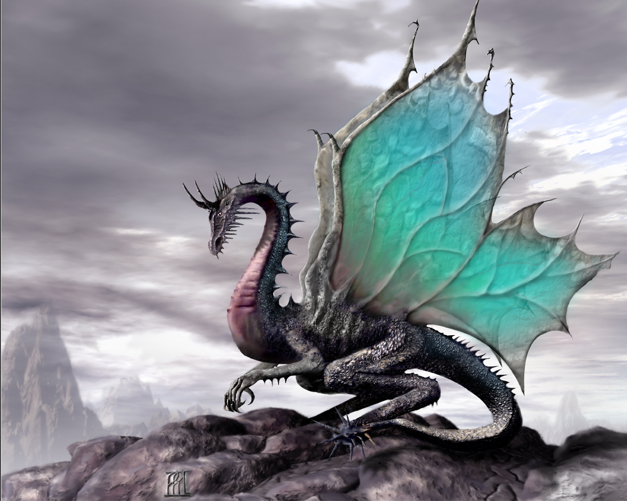 A majestic dragon with iridescent turquoise wings perched atop a rocky mountain against a stormy sky