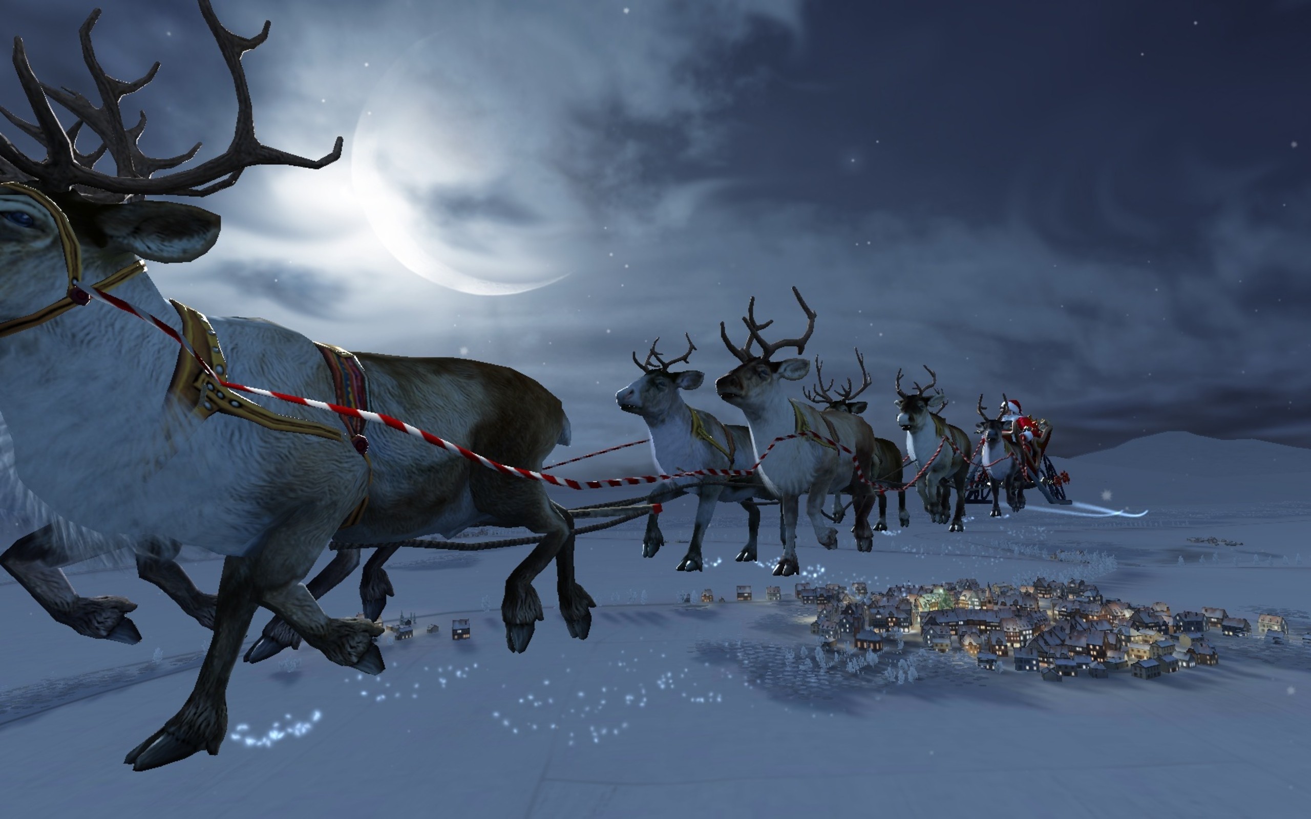 Santa Claus In His Sleigh Pulled By Reindeers Widescreen Wallpaper