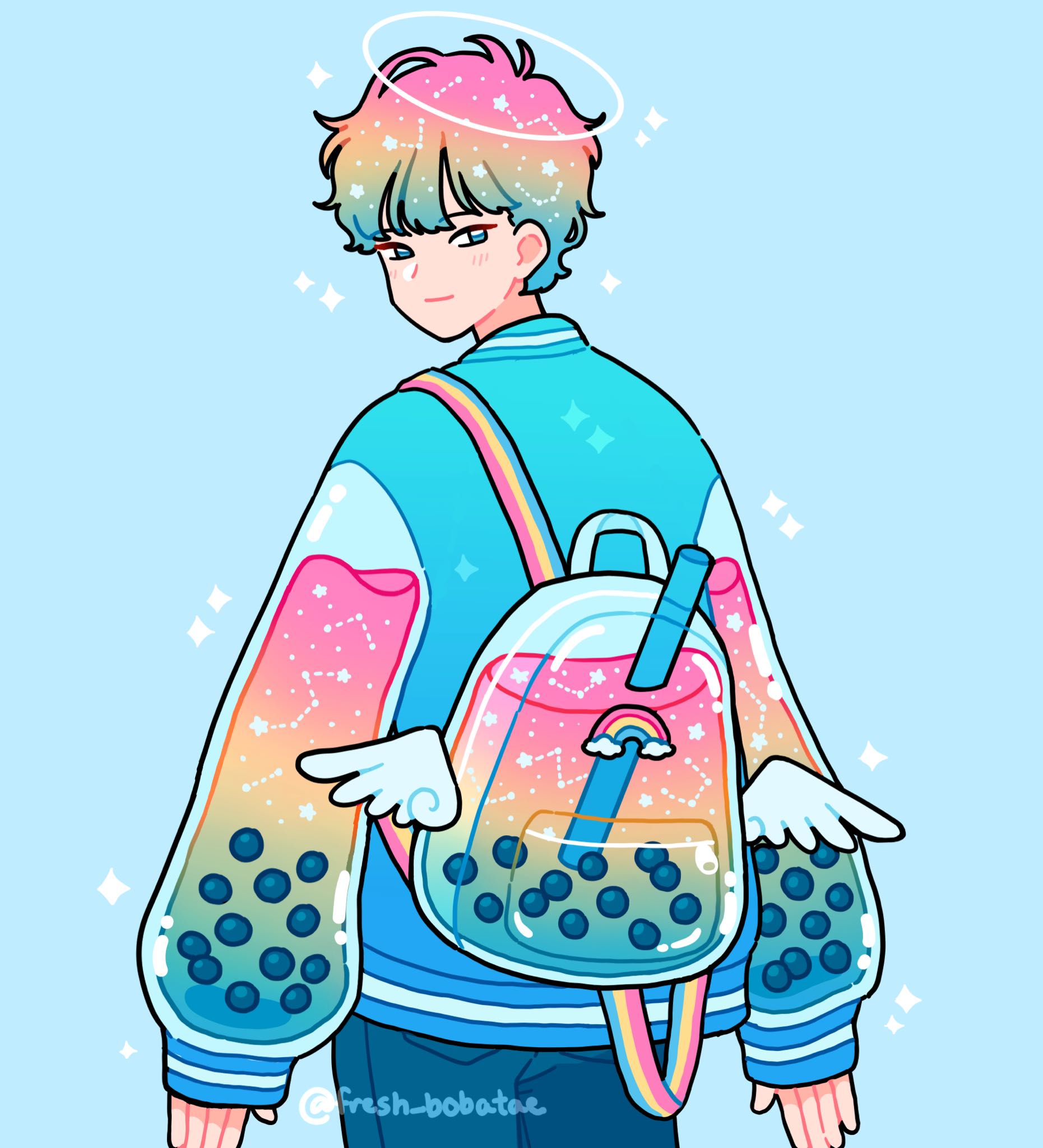 A preppy anime-style illustration of a person wearing a pastel rainbow jacket with boba-themed sleeves and a boba-shaped backpack. The design features cute details like small stars and a tiny rainbow inside the boba backpack