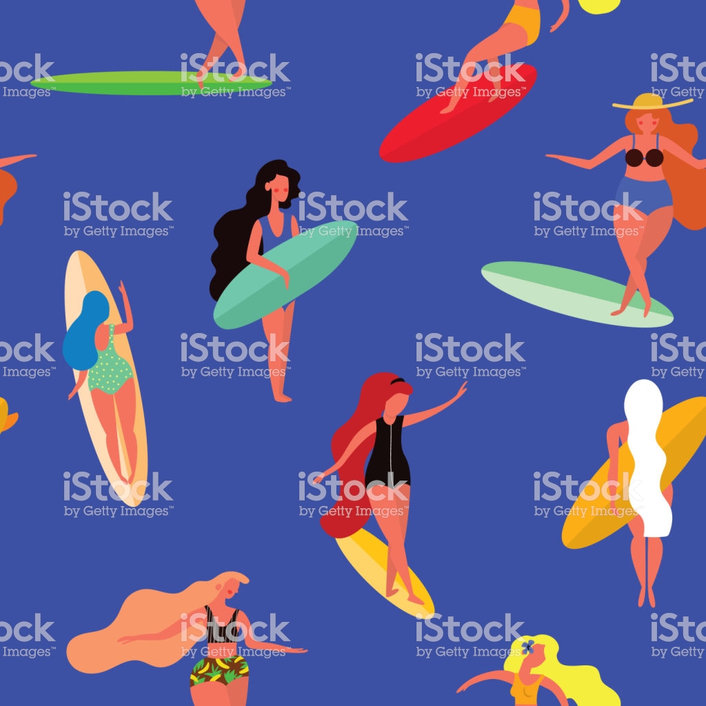 Summer Seamless Pattern With Surfing Girls On The Surf