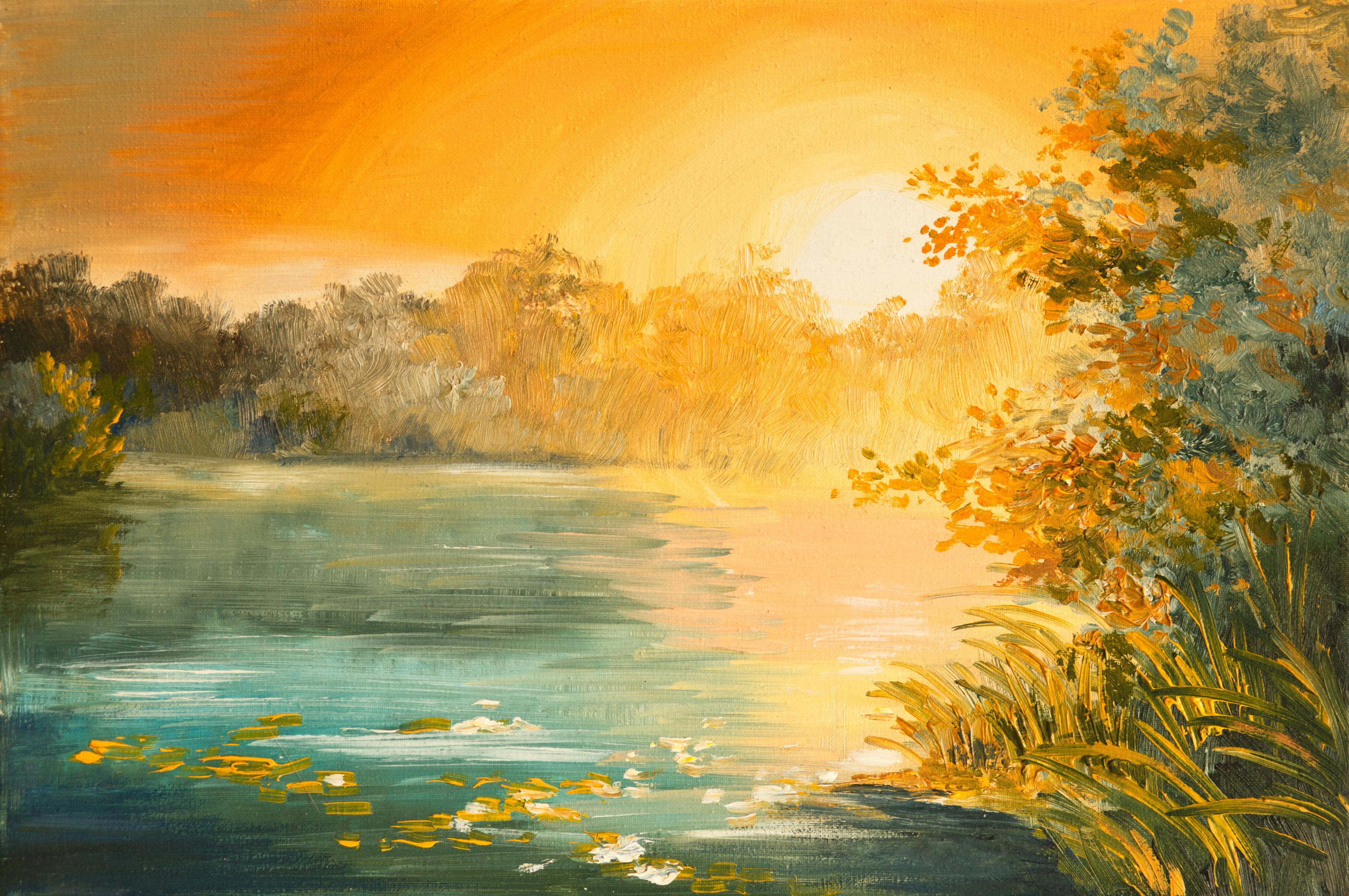 Sunset On The Lake Oil Painting Wallpaper Mural Murals Your Way