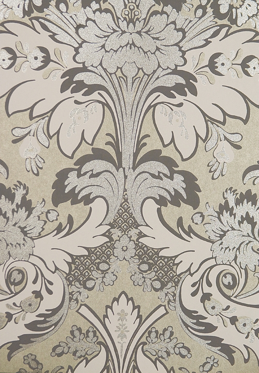 Wallpaper Stylish Silver Damask With White Gold Grey