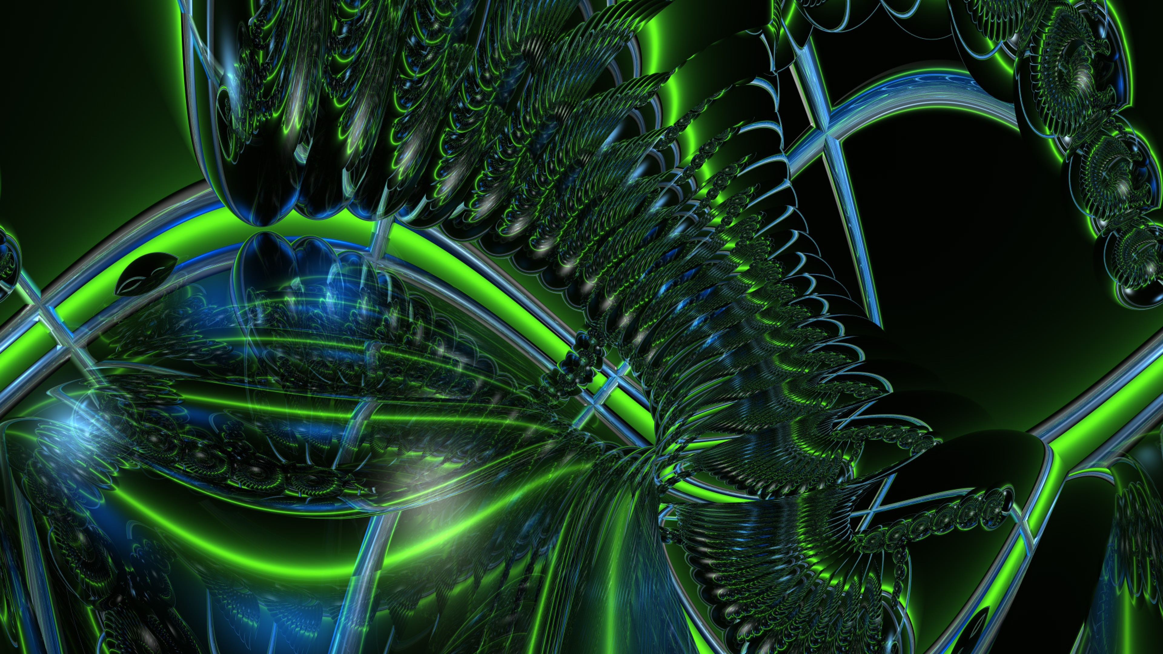 Abstract fractal art with swirling green and blue neon lights against a dark background, creating a futuristic or sci-fi atmosphere