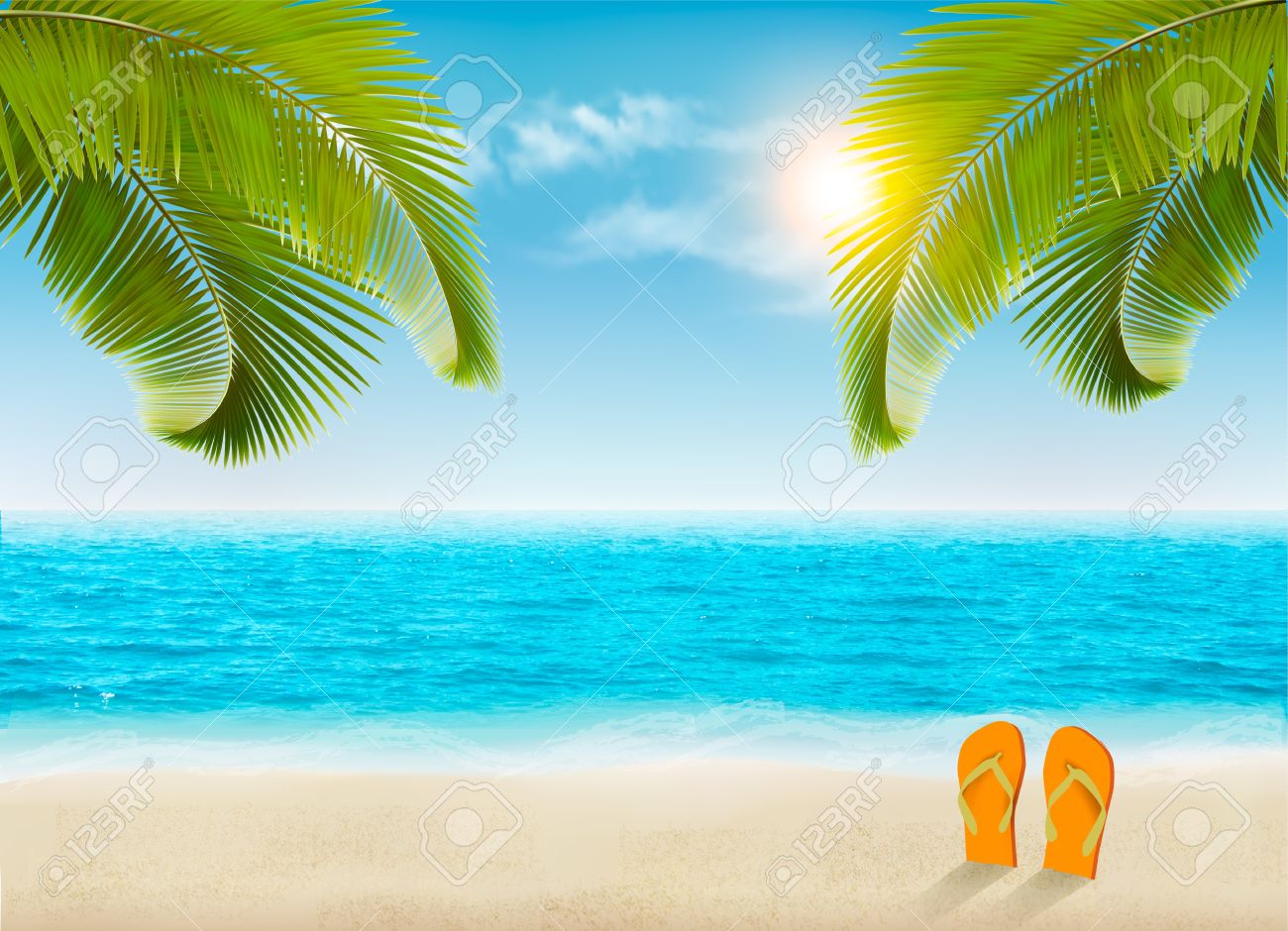 Vacation Background Beach With Palm Trees And Blue Sea Vector