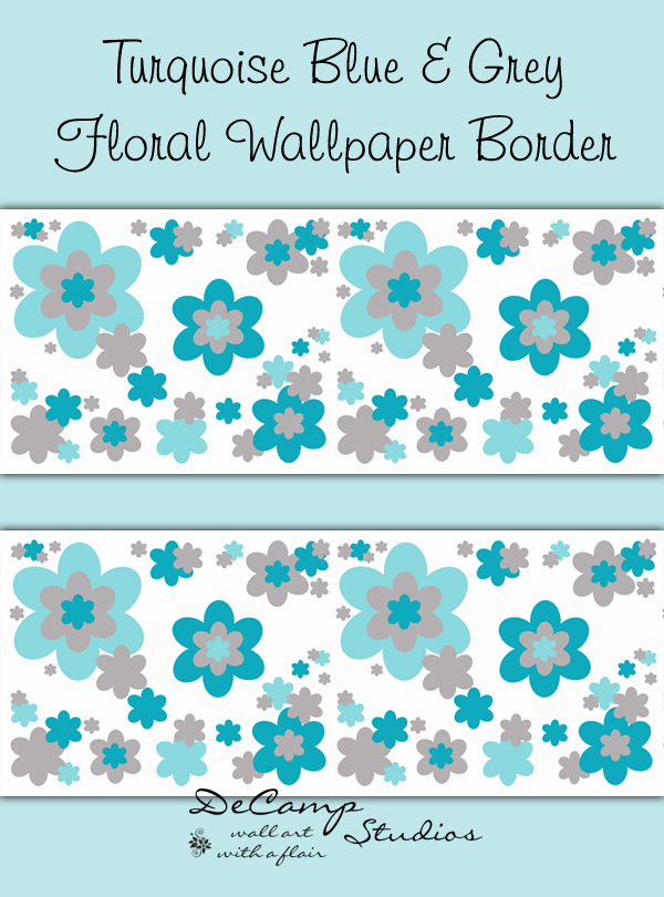 Turquoise Blue Gray Grey Floral Wallpaper Border Wall Decals