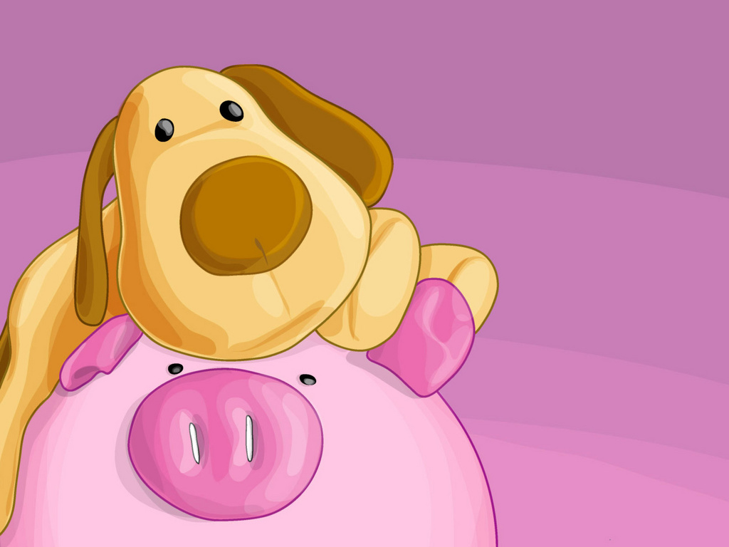 A cute cartoon dog lying on top of a cute cartoon piggy bank against a purple background