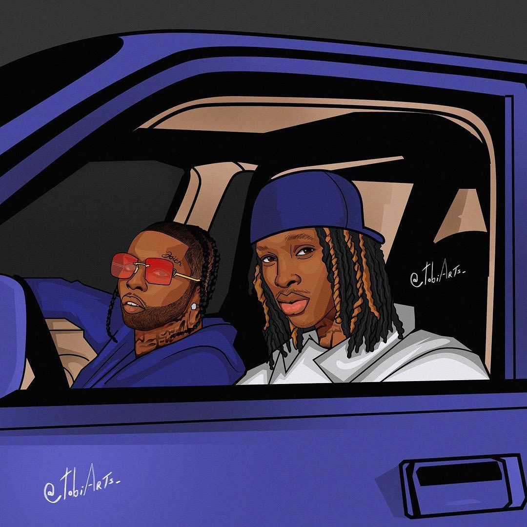 Digital art of two men in a car, possibly a tribute to King Von