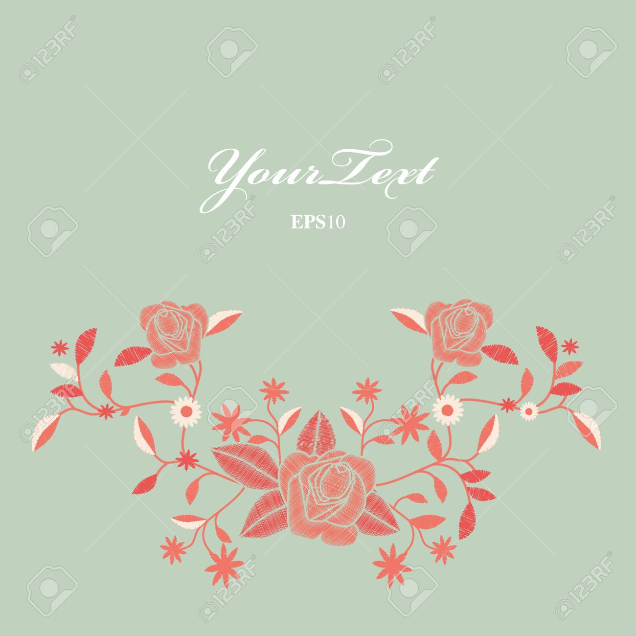 Embroidered Flowers On Green Background Vintage Style Space