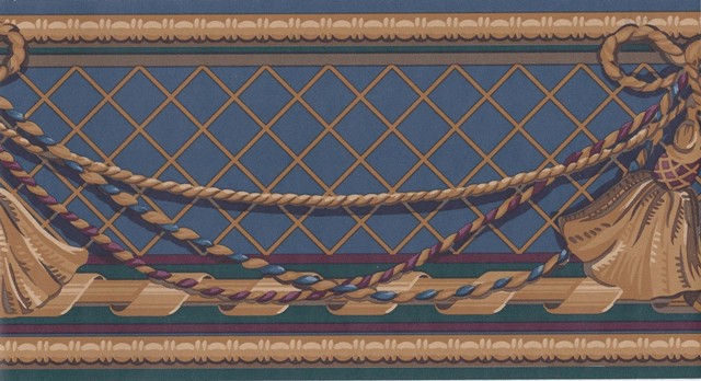 Navy Blue Gold Curtain Tassel Wallpaper Border   Novelty 640x348