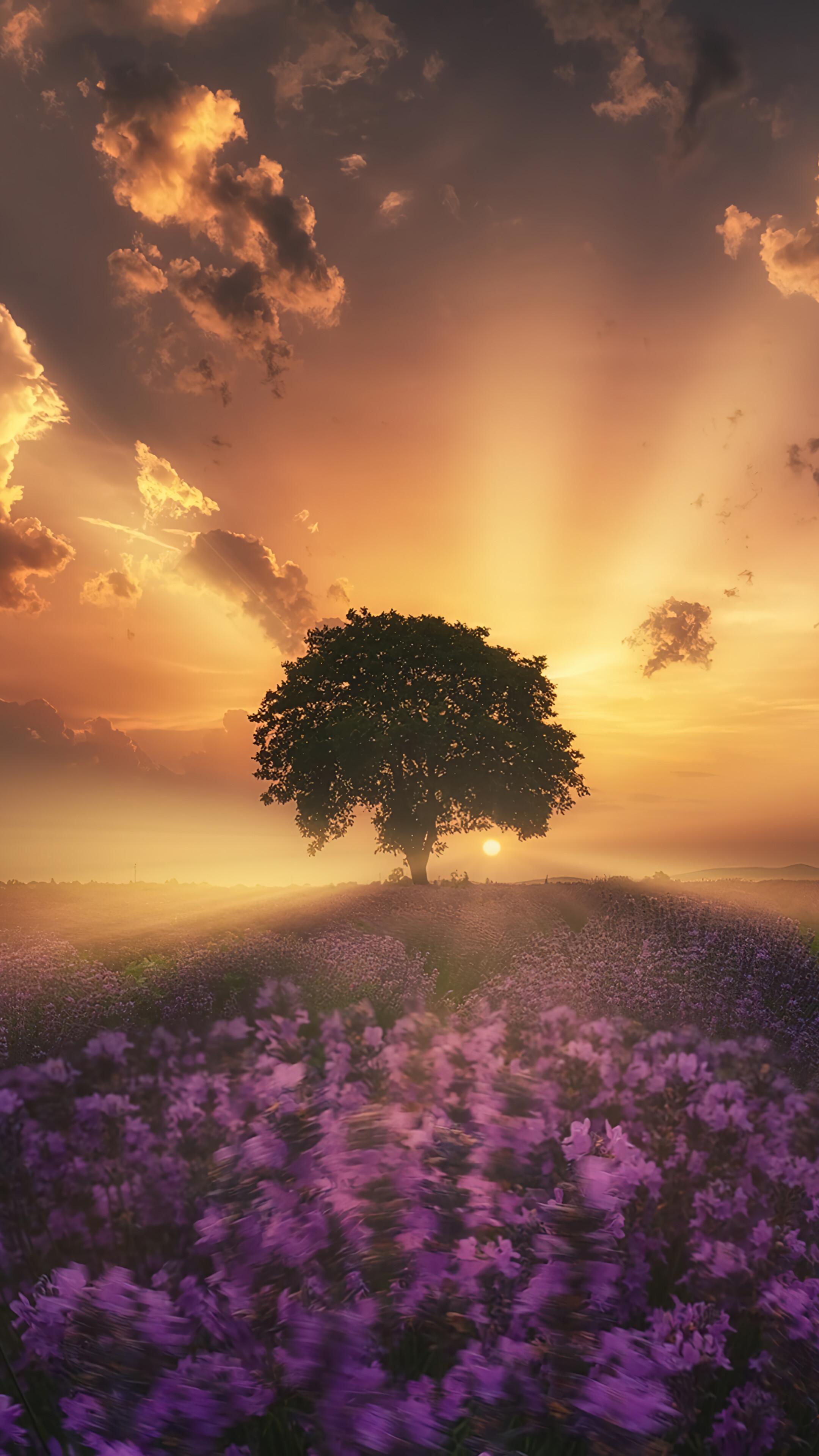 Sunrise Tree Lavender Flower Field 4k Wallpaper iPhone HD Phone 5780f