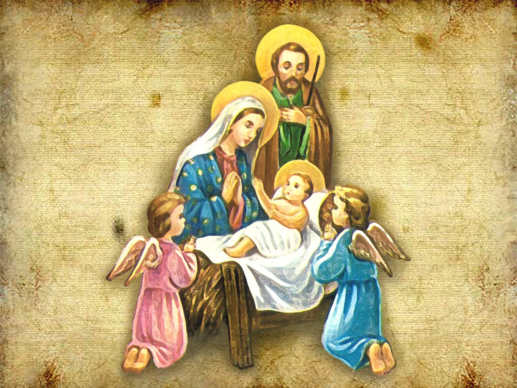 Mother Mary John And Two Angels Over Baby Jesus Religious Wallpaper