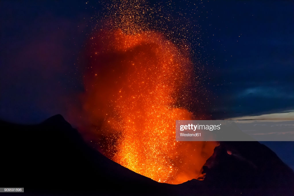 Italy Aeolian Islands Stromboli Volcanic Eruption Before Night Sky