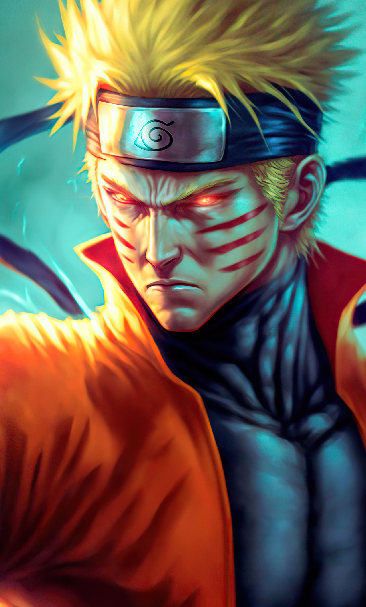 Close-up of Naruto Uzumaki with glowing red eyes and whisker-like marks, wearing his signature orange attire and headband, exuding power and determination