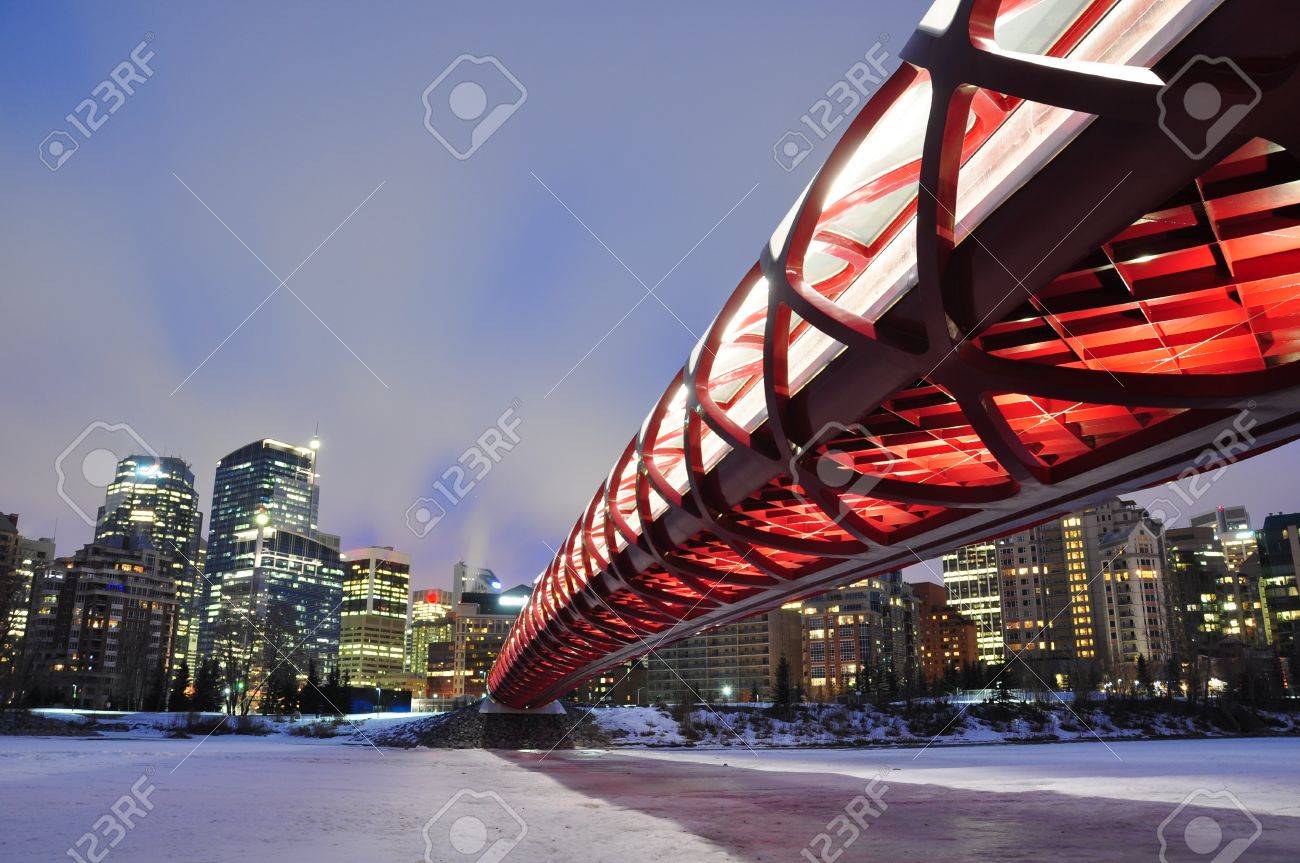 A Calgary Pedestrian Bridge Accross With Bow River In Winter