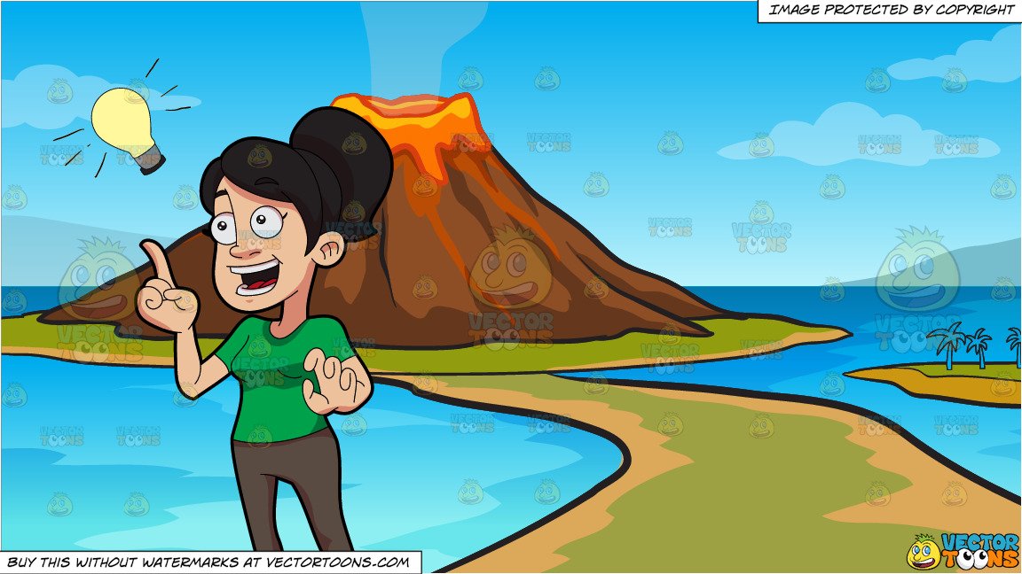 A Woman Suddenly Thinks Of An Idea And Volcano Island Background