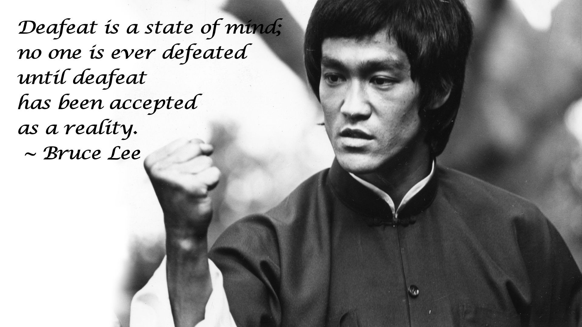 Bruce Lee BW Defeat martial art text quotes black white wallpaper 1920x1080