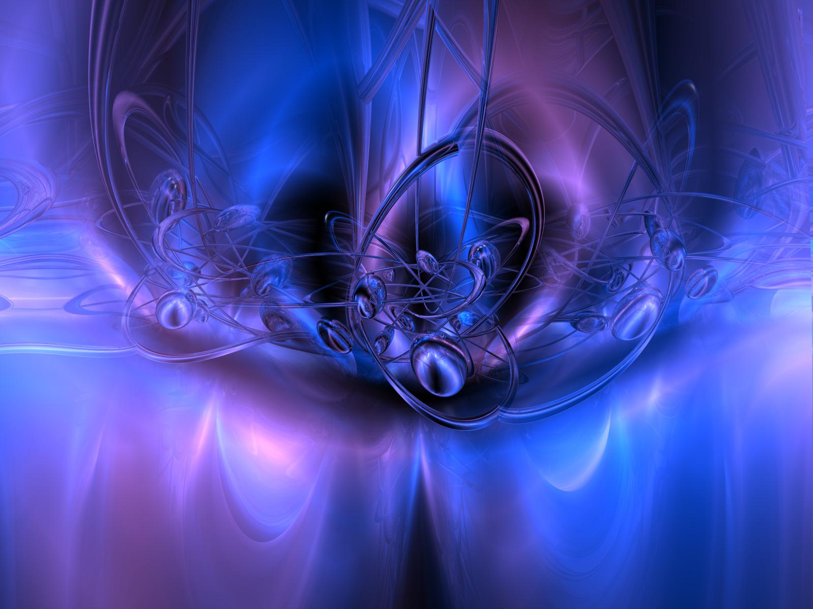 Abstract art wallpaper with swirling blue and purple hues, metallic orbs, and intricate interconnected lines